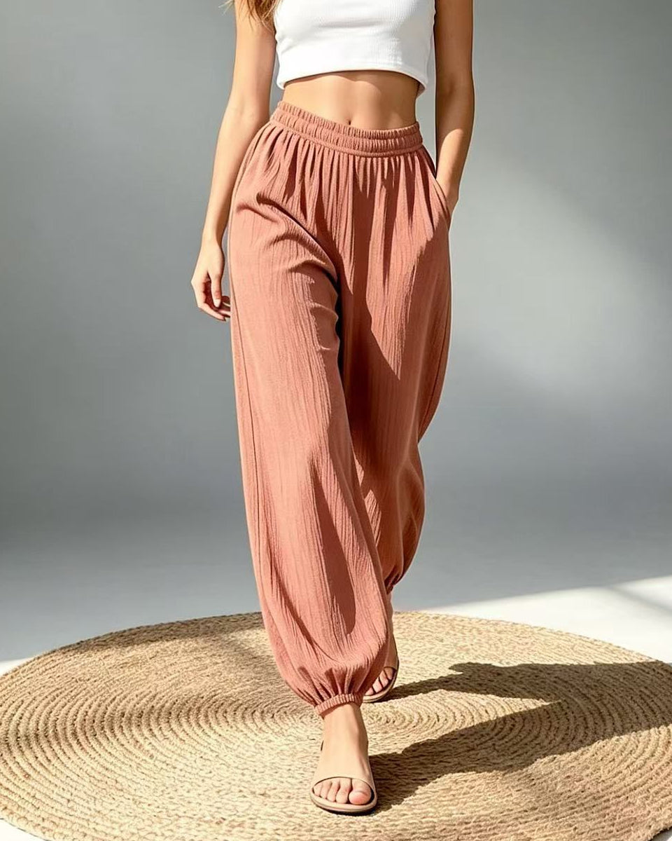 CRINKLE ELASTICATED BARREL TROUSERS