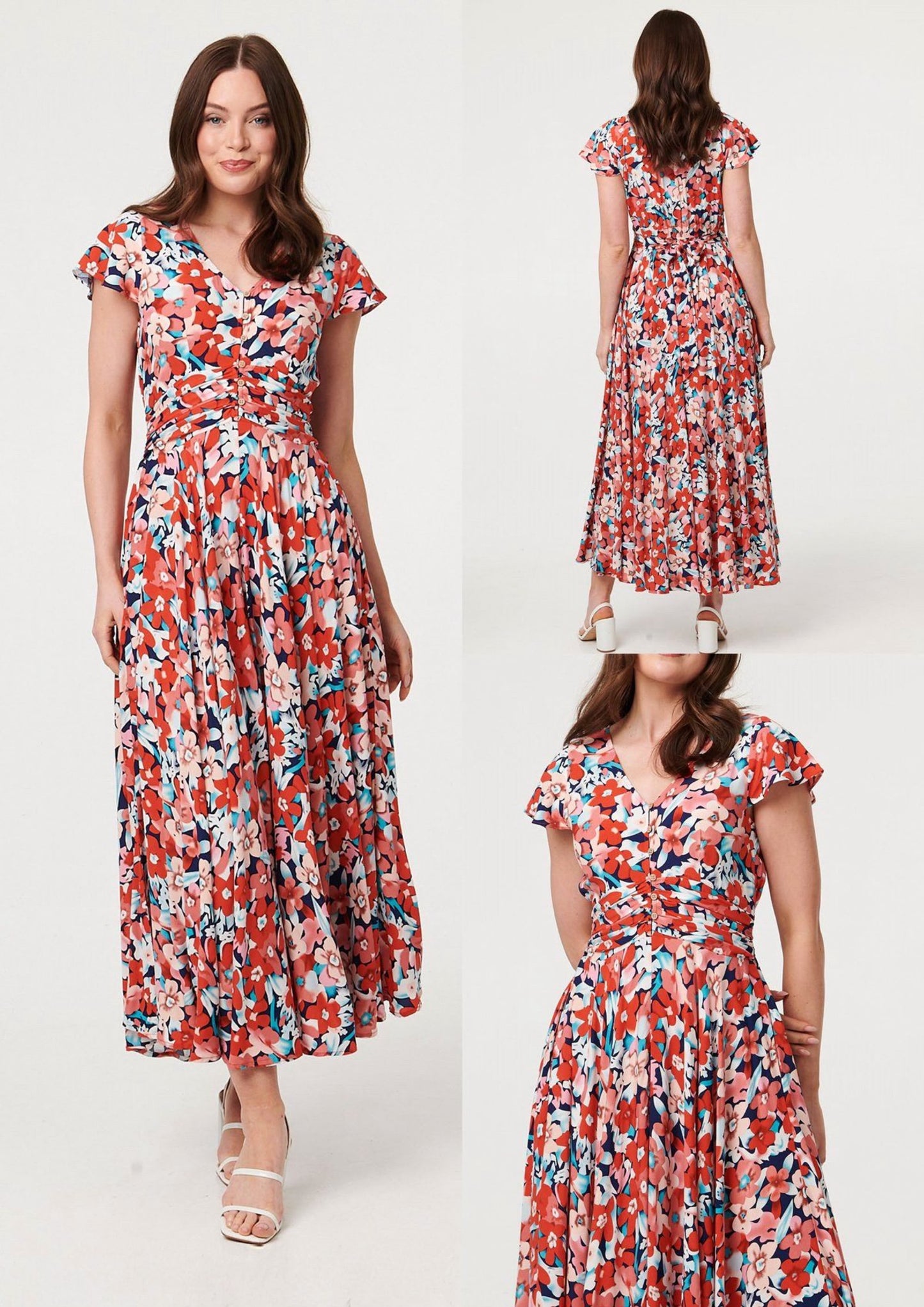 FLORAL PLEATED CAP SLEEVE DRES
