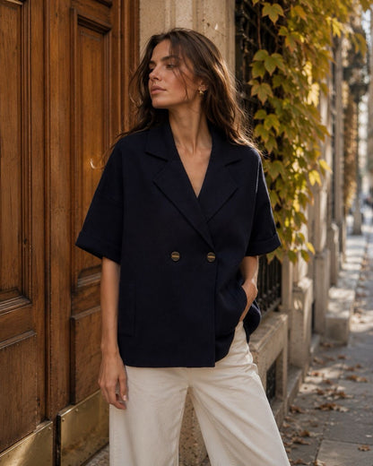 SHORT SLEEVE KNITTED COLLAR JACKET