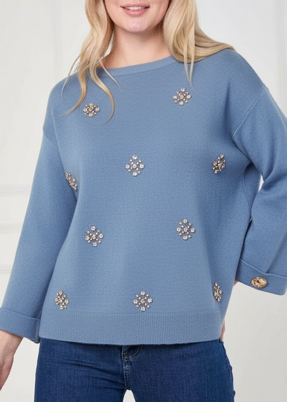 DIAMOND EMBELLISHED FLOWER DETAILS FOLDED SLEEVE JUMPER