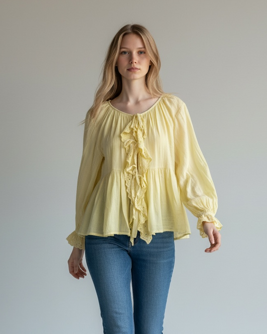DRAWSTRING RUFFLE COTTON TOP