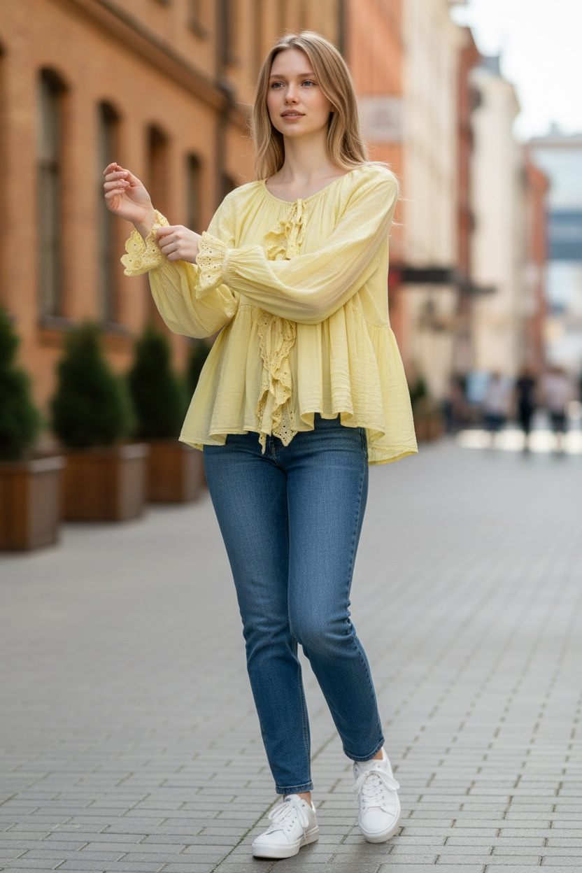 DRAWSTRING RUFFLE COTTON TOP