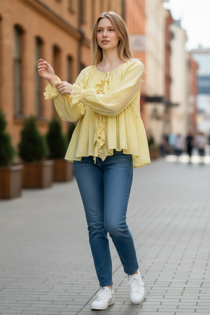 DRAWSTRING RUFFLE COTTON TOP