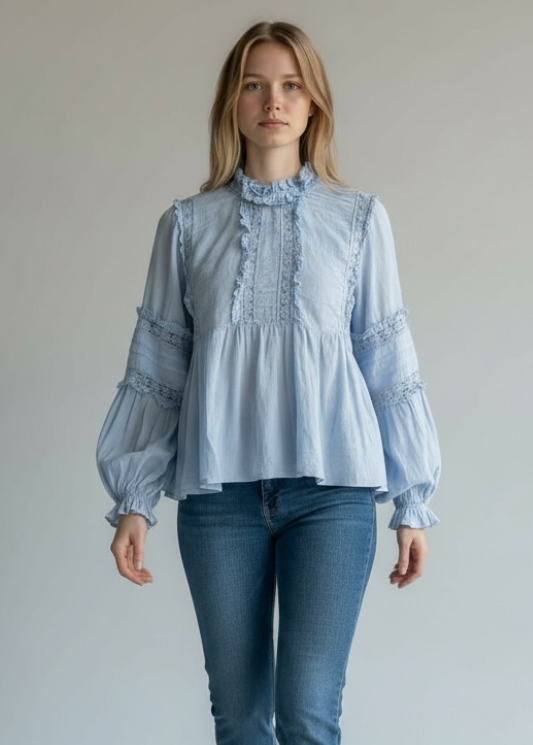 HIGH COLLARED EMBROIDERED BLOUSE
