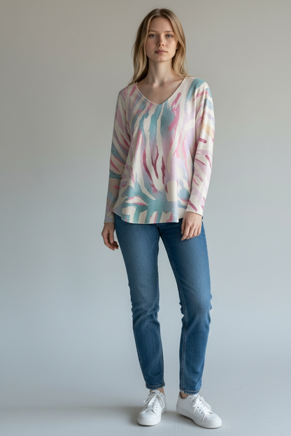 ABSTRACT FEATHER PRINT V-NECK JUMPER