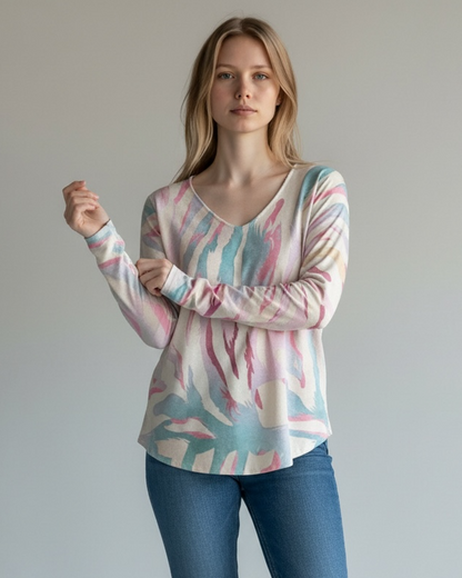 ABSTRACT FEATHER PRINT V-NECK JUMPER