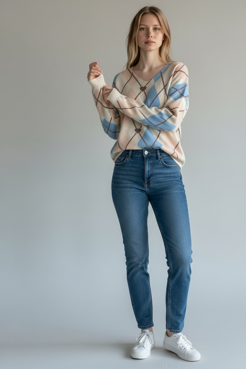 ARGYLE HEART V-NECK JUMPER