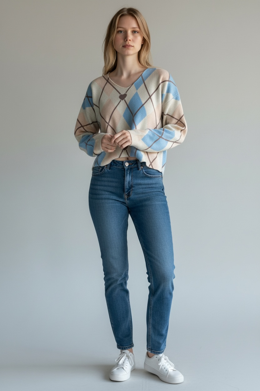 ARGYLE HEART V-NECK JUMPER