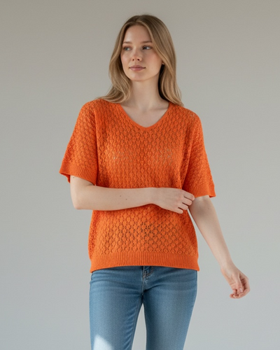 V-NECK CROCHET SHORT SLEEVE TOP