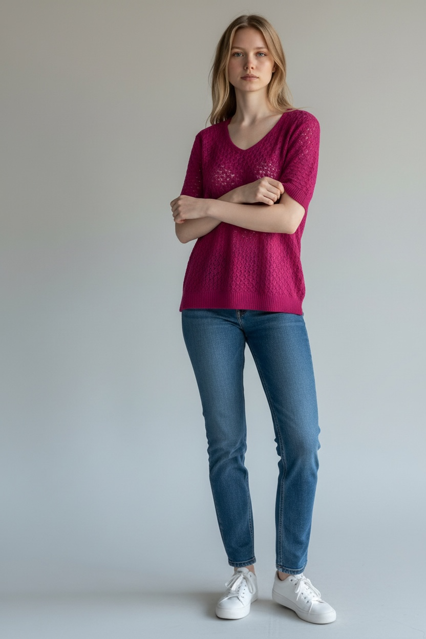 V-NECK CROCHET SHORT SLEEVE TOP