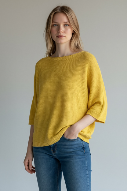 RIBBED HALF SLEEVE WAFFLE KNIT TOP