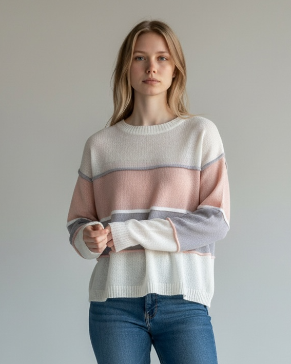 CREW NECK CROCHET STRIPED JUMPER
