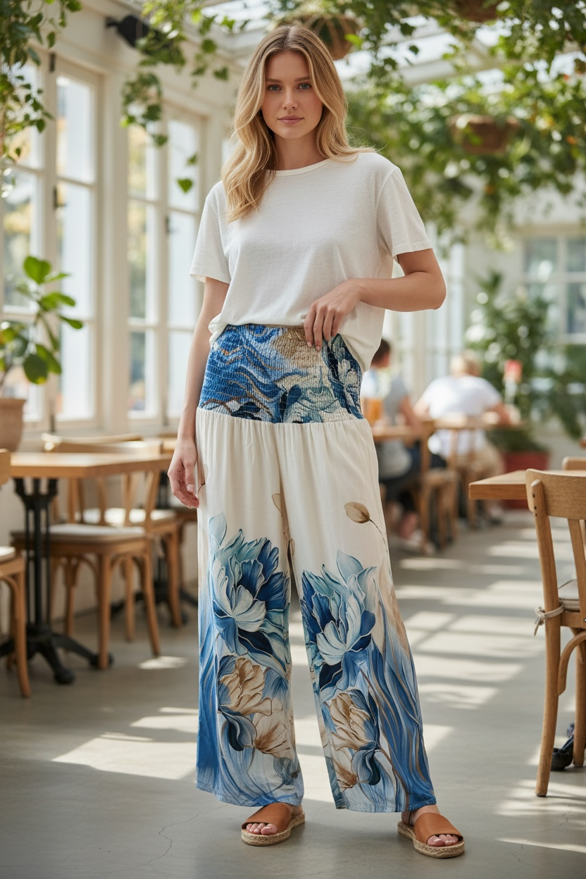 ELASTICATED WAIST FLORAL TROUSERS