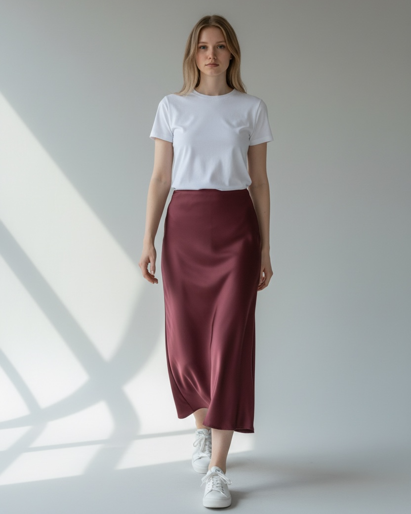 ELASTICATED WAIST PLAIN SATIN SKIRT [PK-2]