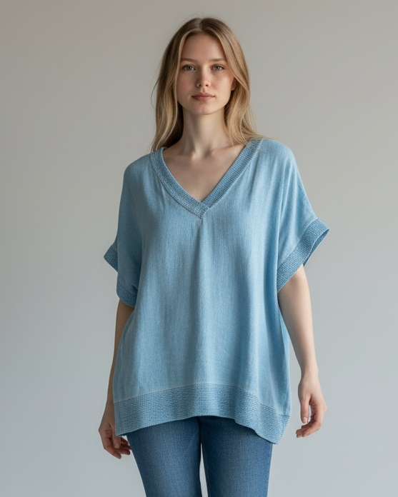 WASHED LINEN V-NECK MESH EDGED TOP
