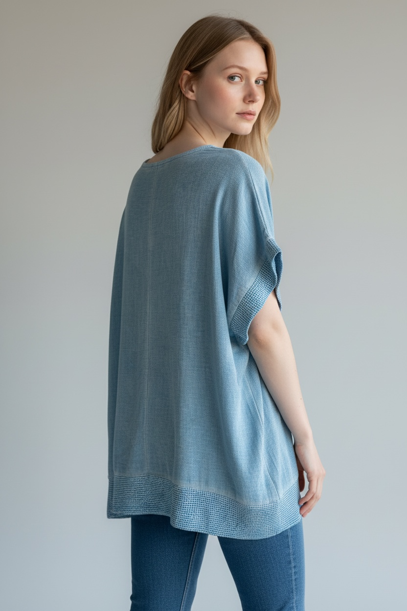 WASHED LINEN V-NECK MESH EDGED TOP
