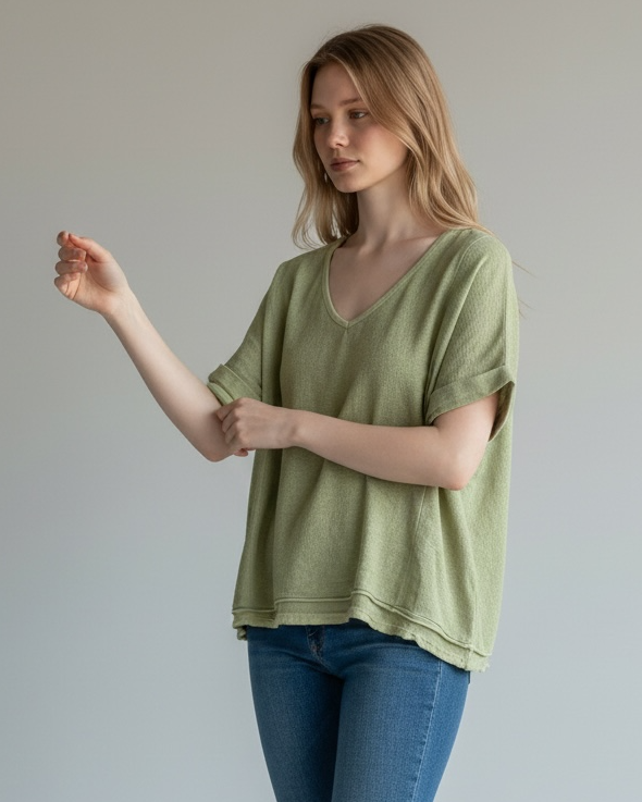 WASHED LINEN V-NECK PLAIN TOP