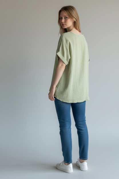 WASHED LINEN V-NECK PLAIN TOP