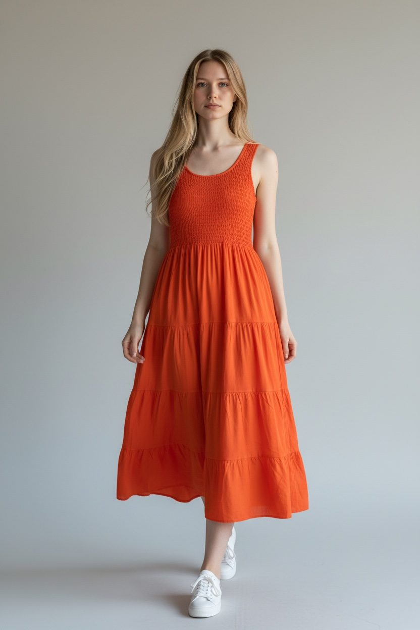 SHIRRED TIERED SLEEVELESS DRESS