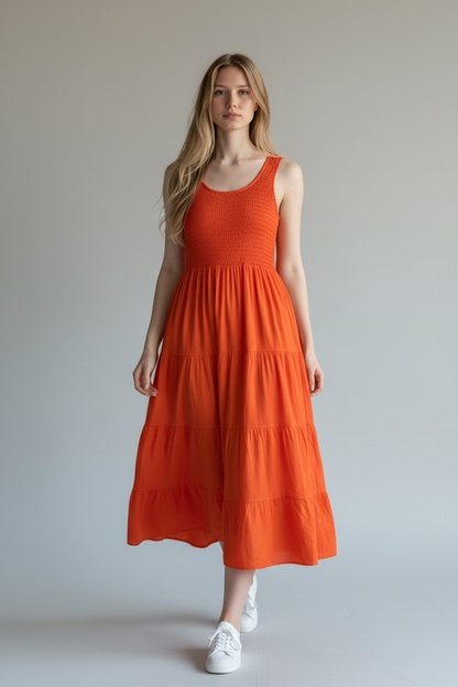 SHIRRED TIERED SLEEVELESS DRESS
