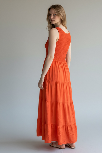SHIRRED TIERED SLEEVELESS DRESS