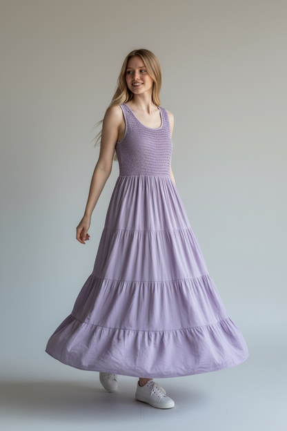 SHIRRED TIERED SLEEVELESS DRESS