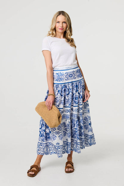 Mosaic Print High Waist Maxi Skirt in BLUE [PK-8]