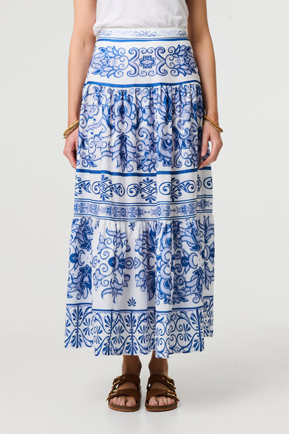 Mosaic Print High Waist Maxi Skirt in BLUE [PK-8]