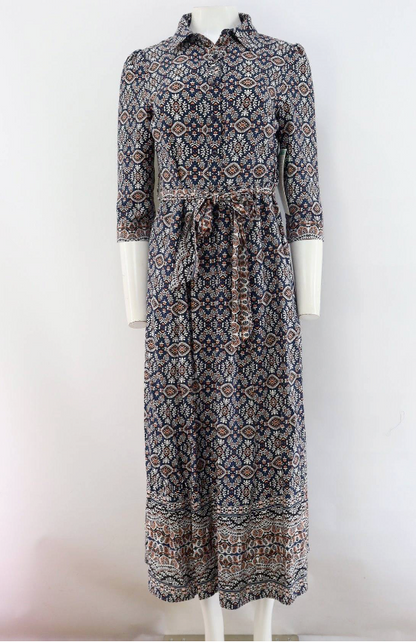 Geo Print 3/4 Sleeve Tie Waist Maxi Shirt Dress [PK-8]