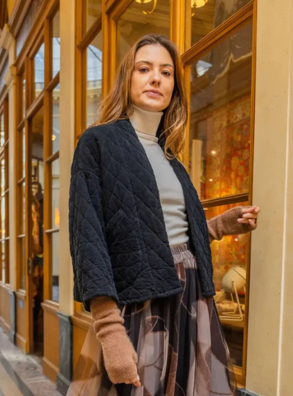 VELVET QUILTED FRONT OPEN JACKET