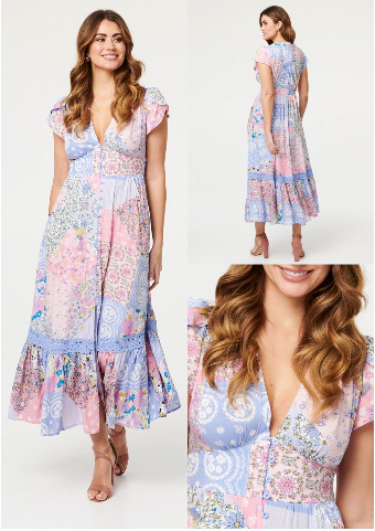 FLORAL DRESS WITH LACE DETAIL IN MULTI BLUE [PK-8]