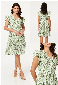 GREEN FLORAL FRILL SLEEVE V-NECK DRESS [PK-8]