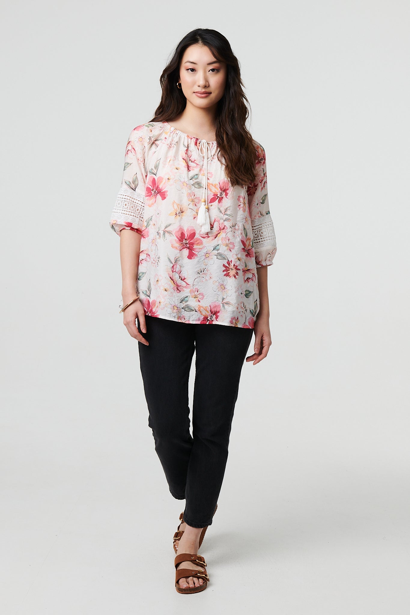 Floral Tassel Tie Bardot Neck Blouse in MULTI PINK [PK-8]