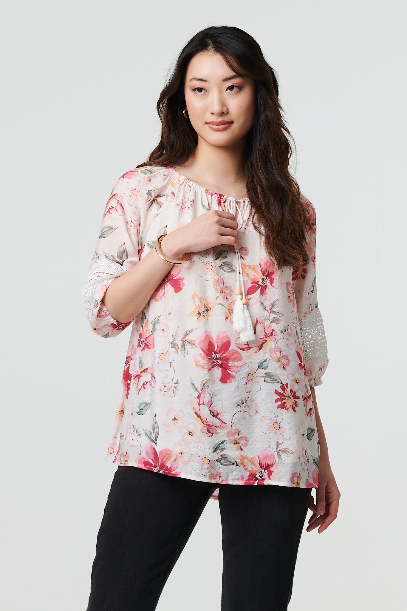 Floral Tassel Tie Bardot Neck Blouse in MULTI PINK [PK-8]