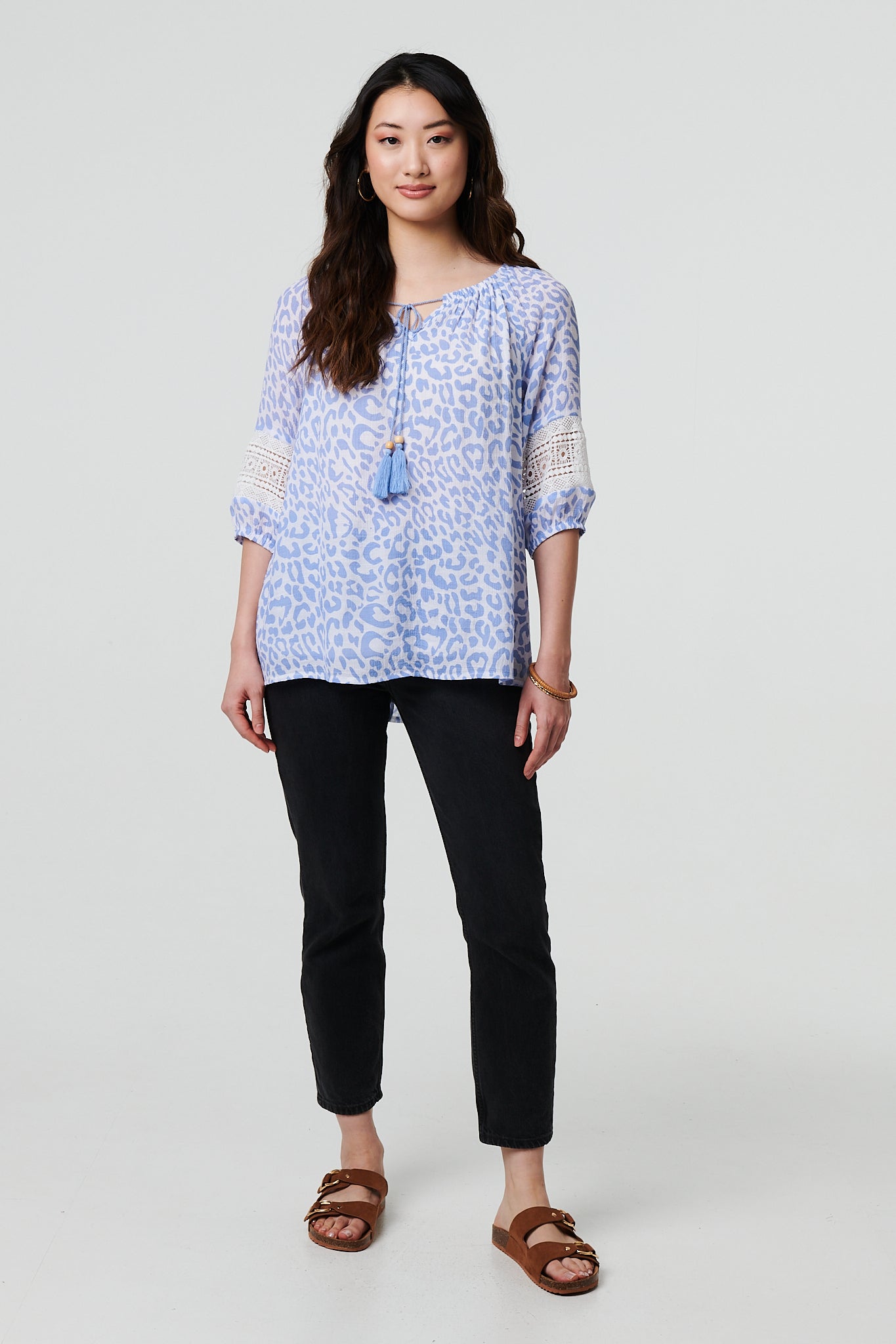 Animal Print Lace Trim Bardot Neck Blouse in BLUE  [PK-8]