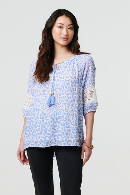 Animal Print Lace Trim Bardot Neck Blouse in BLUE  [PK-8]