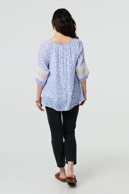 Animal Print Lace Trim Bardot Neck Blouse in BLUE  [PK-8]