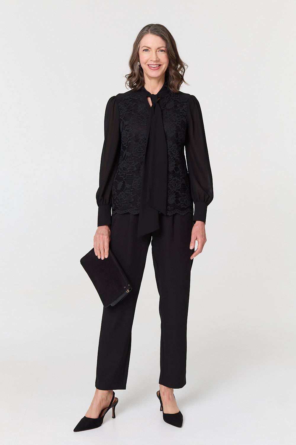 FLORAL LACE TEXTURE TIE NECK BLOUSE IN BLACK [8 PER PACK]