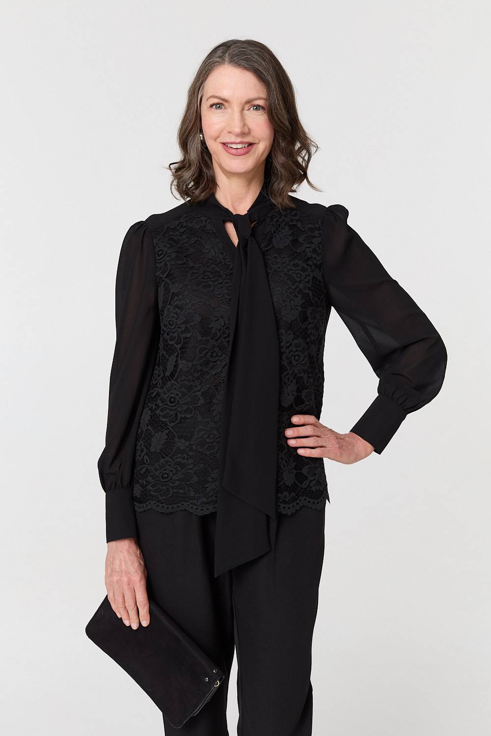 FLORAL LACE TEXTURE TIE NECK BLOUSE IN BLACK [8 PER PACK]