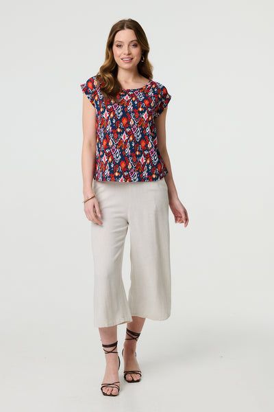 Ikat Print Relaxed Cap Sleeve Top in MULTI NAVY [PK-8]