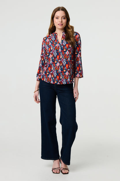 Ikat Print 3/4 Sleeve V-Neck Blouse in MULTI NAVY [PK-8]