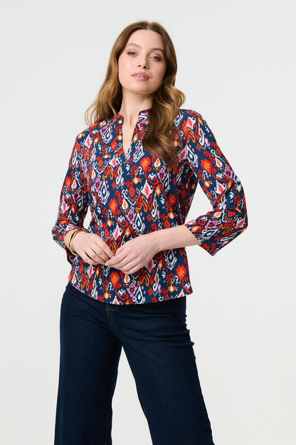 Ikat Print 3/4 Sleeve V-Neck Blouse in MULTI NAVY [PK-8]