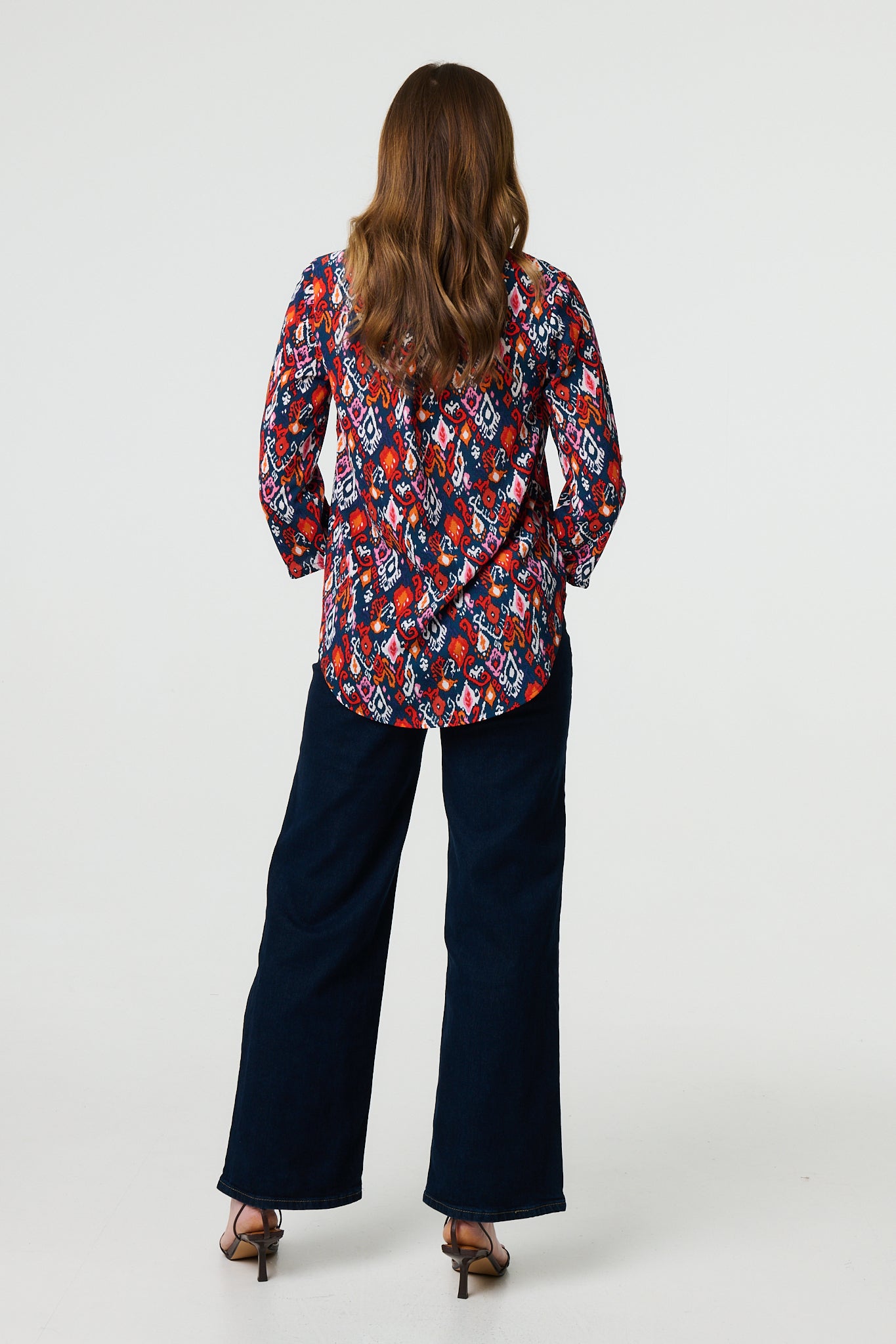 Ikat Print 3/4 Sleeve V-Neck Blouse in MULTI NAVY [PK-8]