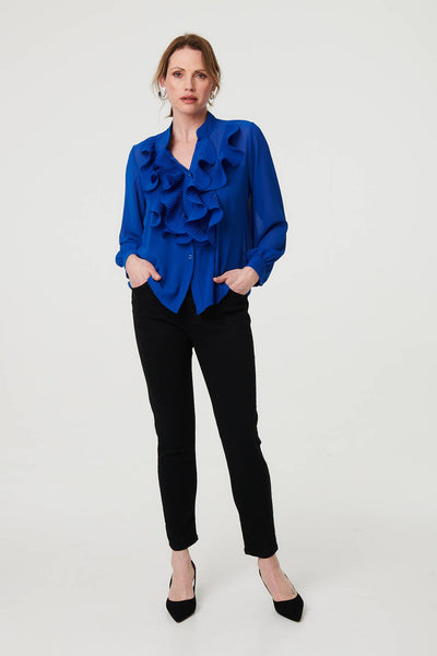 Semi Sheer Ruffle Front V-Neck Blouse in BLUE  [PK-6]