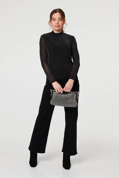 SPARKLY SEMI SHEER LONG SLEEVE TOP IN BLACK [8 PER PACK]