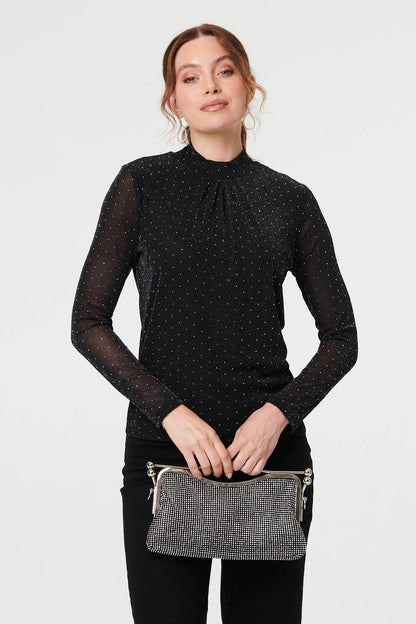 SPARKLY SEMI SHEER LONG SLEEVE TOP IN BLACK [8 PER PACK]
