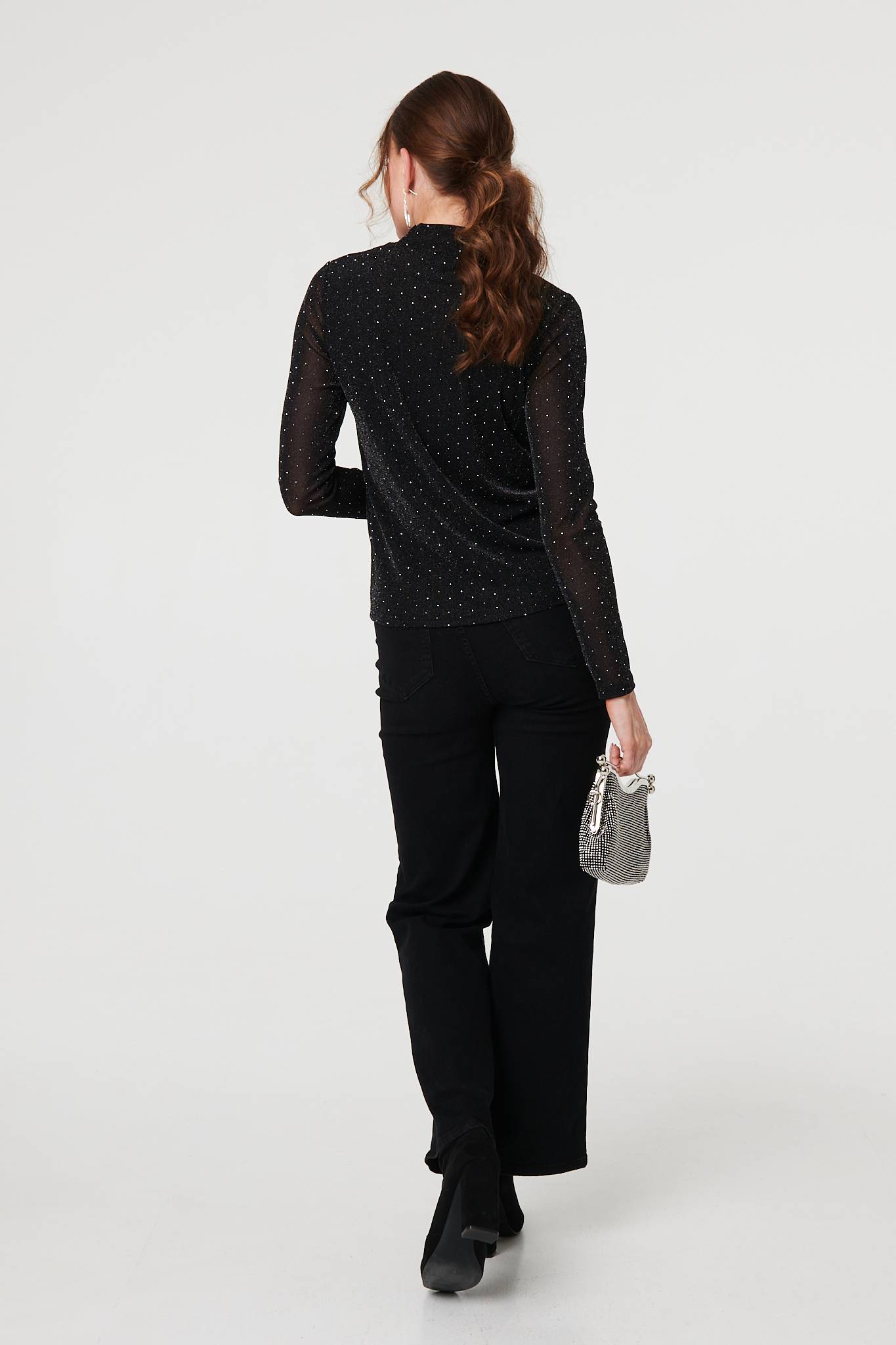 SPARKLY SEMI SHEER LONG SLEEVE TOP IN BLACK [8 PER PACK]