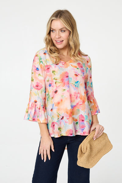 FLORAL FARED SLEEVE CURVE HEM BLOUSE IN PINK [PK-8]