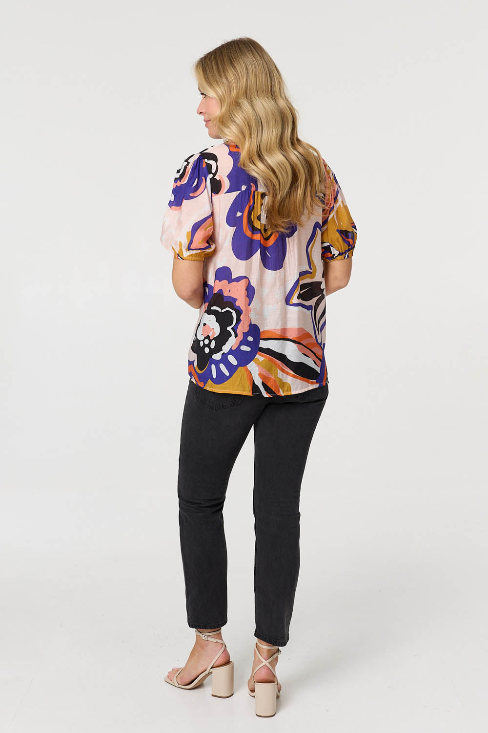 ABSTRACT LACE TRIM PUFF SLEEVE SHIRT IN PINK [PK-8]