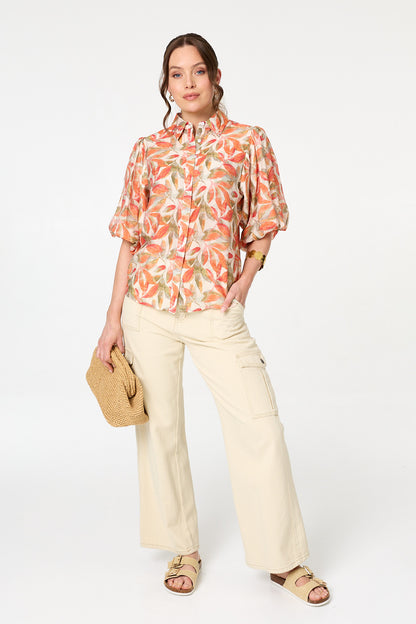 LEAF PRINT PUFF SLEEVE SHIRT [PK-8]